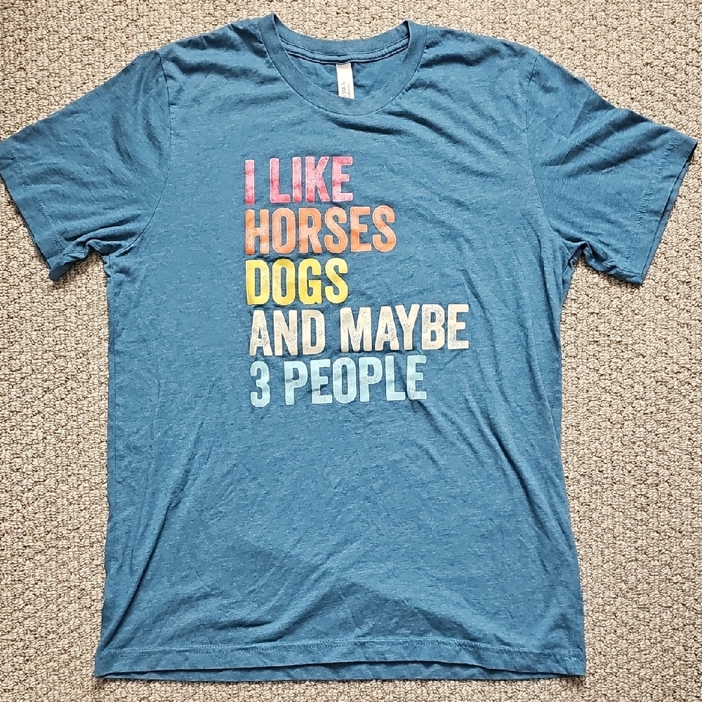 I Like Horses, Dogs And Maybe 3 People Blue Graphic T-Shirt, Womens Large